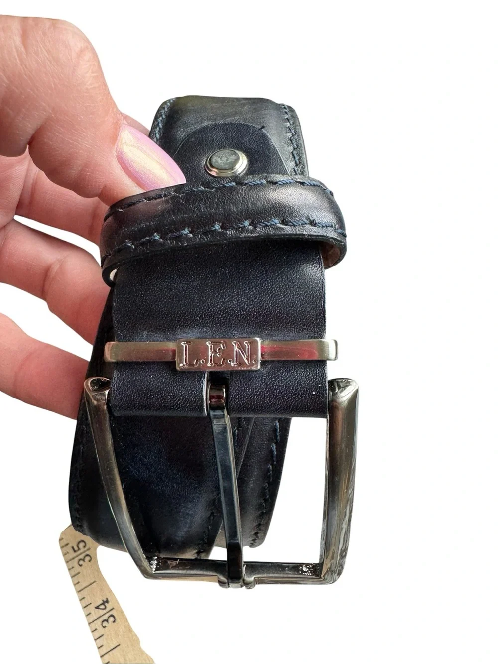 LEN Genuine Italian Calf Leather Black Belt Handcrafted USA Silver Buckle 38”